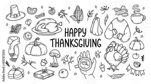 Thanksgiving outline doodle big set. Autumn collection of hand drawn icons. Autumn leaves, turkey, hot chocolate, traditional food, corn, pumpkin, scarf, mug, pilgrim hat. Harvest vector illustration.