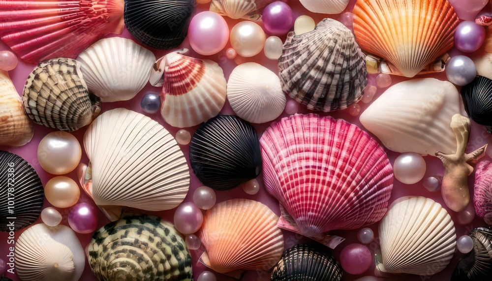 Colorful seashells starfish isolated background made of black and white pearls in shells Colorful seashells starfish isolated background made of black and white pearls in shells