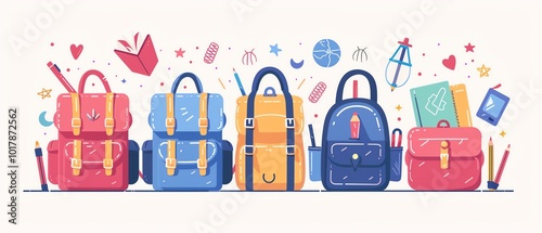 Back to school, supplies and backpacks, flat design illustration