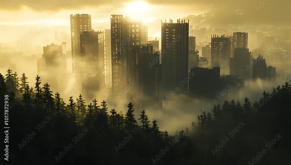 Obraz premium Tall buildings loom through thick fog and dust