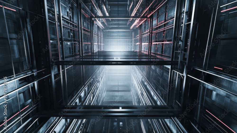 Obraz premium A futuristic metallic elevator shaft illuminated with red lights in a high-tech, modern building at night