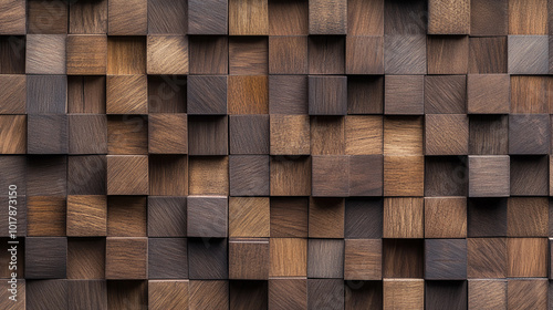 imagine An abstract composition of an empty wooden surface in a smooth maple color. The wooden surface showcases unique geometric blocks that create rich texture.