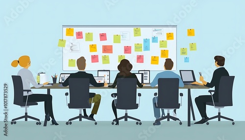 Four People Working at Desk with Sticky Notes on Wall