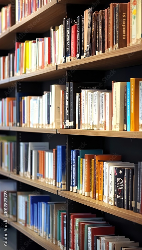Library Bookshelves, Rows of Colorful Books, Literature Collection. Knowledge, Education Concept. Library Bookshelves, Rows of Colorful Books, Literature Collection. Knowledge, Education Concept.