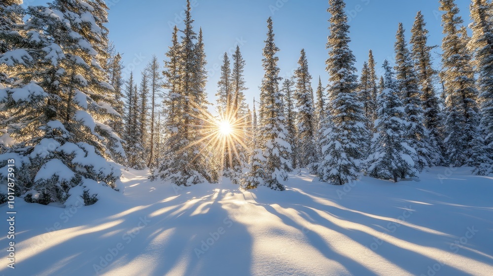 Fototapeta premium A serene winter landscape with snow-covered trees and the sun shining through, creating a peaceful and picturesque scene.