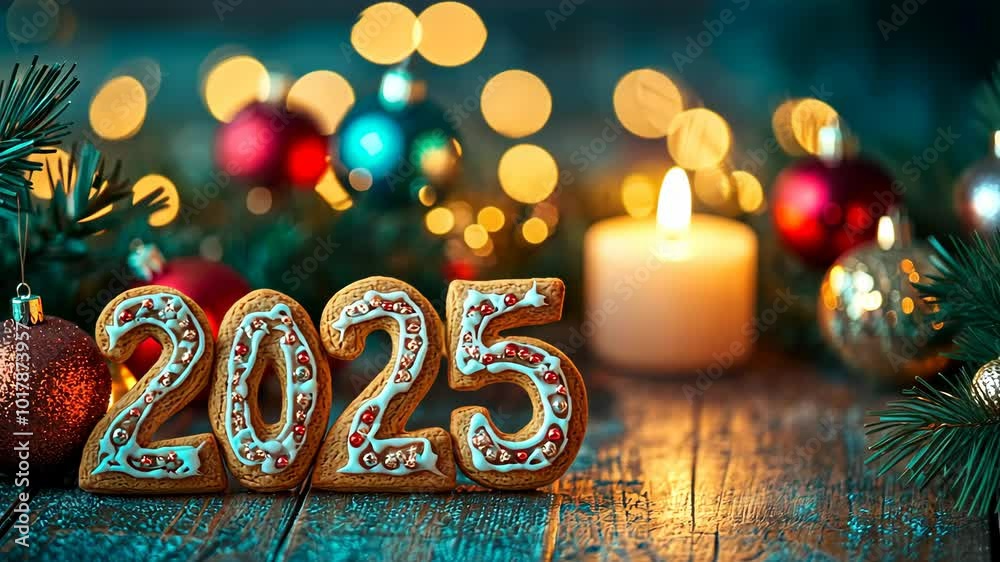 A cookie with the number 25 on it is surrounded by Christmas decorations