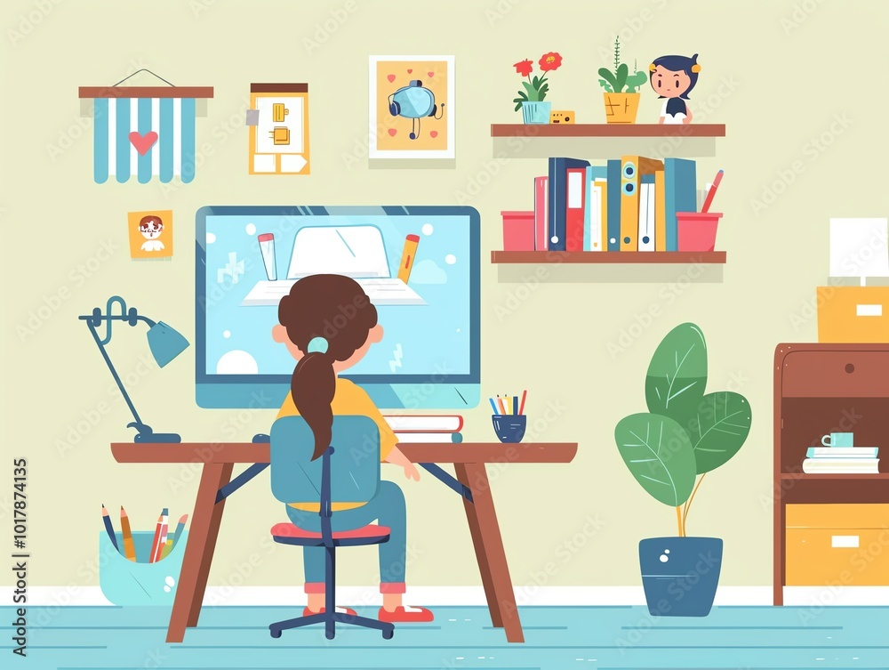 Virtual learning, kids on video call, flat design illustration Virtual learning, kids on video call, flat design illustration