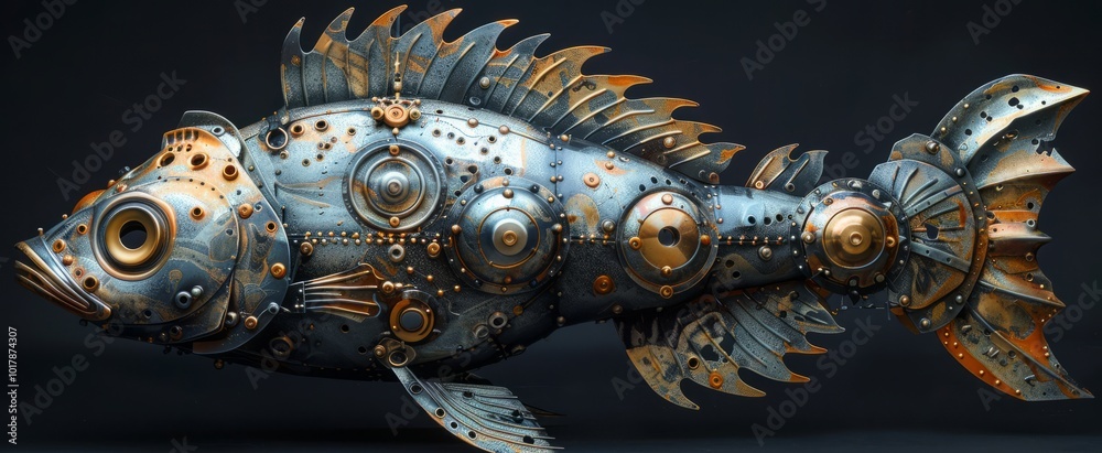 Fototapeta premium An exquisite metallic fish sculpture brings together steampunk aesthetics with elaborate gears and textures, embodying creativity and craftsmanship
