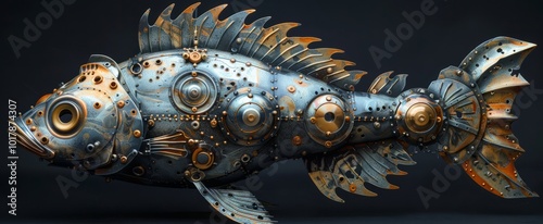 An exquisite metallic fish sculpture brings together steampunk aesthetics with elaborate gears and textures, embodying creativity and craftsmanship photo