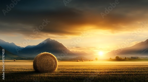 Sunlight streaming through a cloudless sky onto a field filled with golden haystacks, with farmers busily preparing for the evening. Ultra-Realistic, Photo Realistic, 