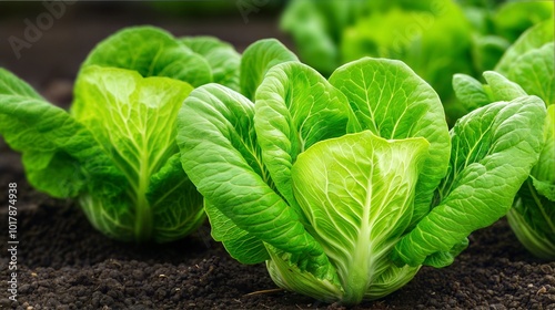 Fresh, vibrant romaine lettuce growing in rich soil, ideal for farm and gardening scenes.