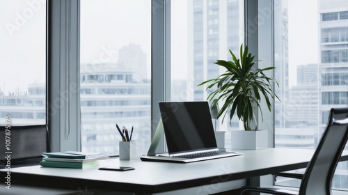 A minimalist workspace with a laptop on a modern desk, large windows, and elegant furniture, creating a productive and clean business environment