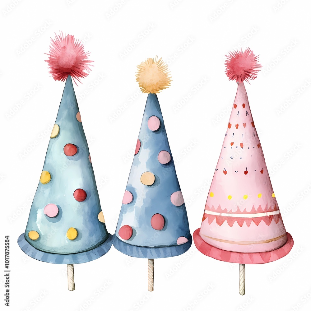 Birthday party hats, watercolor style illustration, isolated on solid white background Birthday party hats, watercolor style illustration, isolated on solid white background