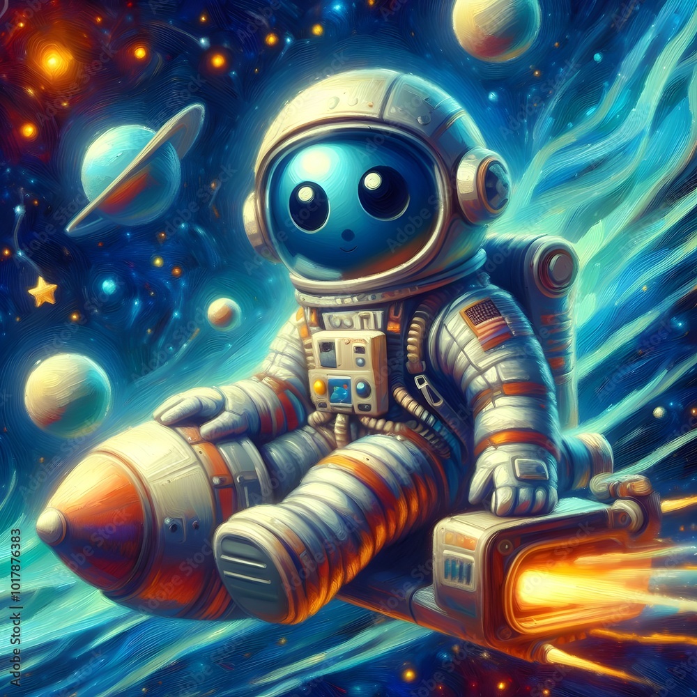 A cheerful, cartoon astronaut glides on a small rocket through a vibrant outer space filled with planets, stars, and colorful cosmic energy in a whimsical, magical scene. A cheerful, cartoon astronaut glides on a small rocket through a vibrant outer space filled with planets, stars, and colorful cosmic energy in a whimsical, magical scene.