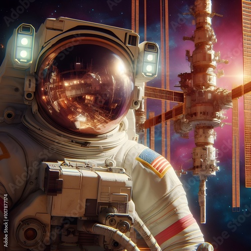 A cheerful, cartoon astronaut glides on a small rocket through a vibrant outer space filled with planets, stars, and colorful cosmic energy in a whimsical, magical scene. photo