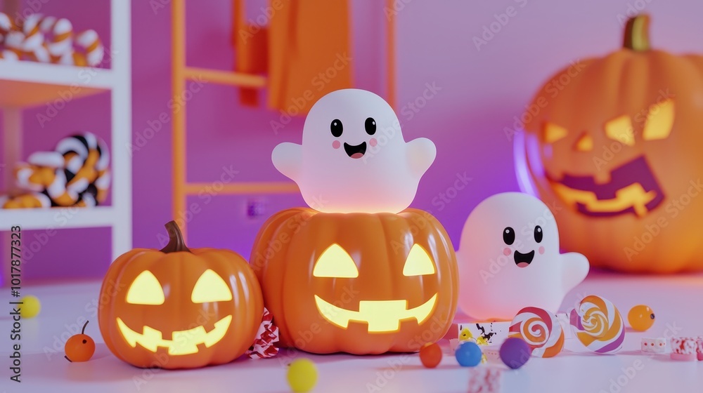 Fun and Colorful Halloween Display with Ghosts Fun and Colorful Halloween Display with Ghosts