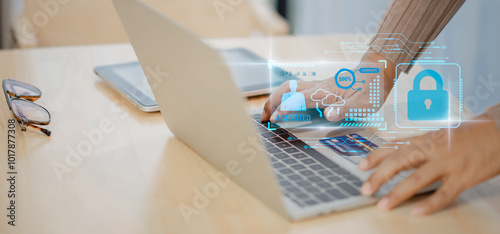 Customers using mobile devices and laptops to make credit card payments security, Cyber security and futuristic technology concept, mobile banking for safe financial transactions AI system