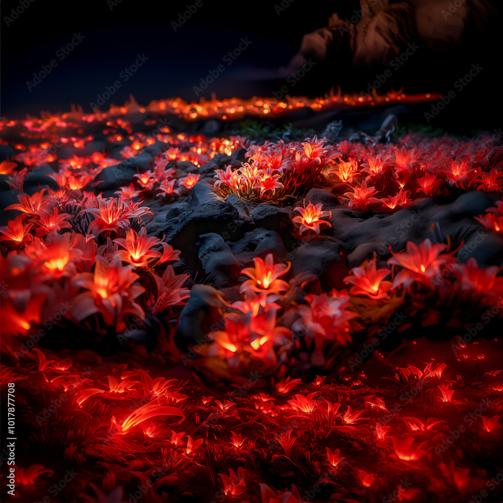 Magical scene of glowing red flowers covering the ground, lighting up a dark nighttime landscape with a surreal, dreamlike ambiance Magical scene of glowing red flowers covering the ground, lighting up a dark nighttime landscape with a surreal, dreamlike ambiance