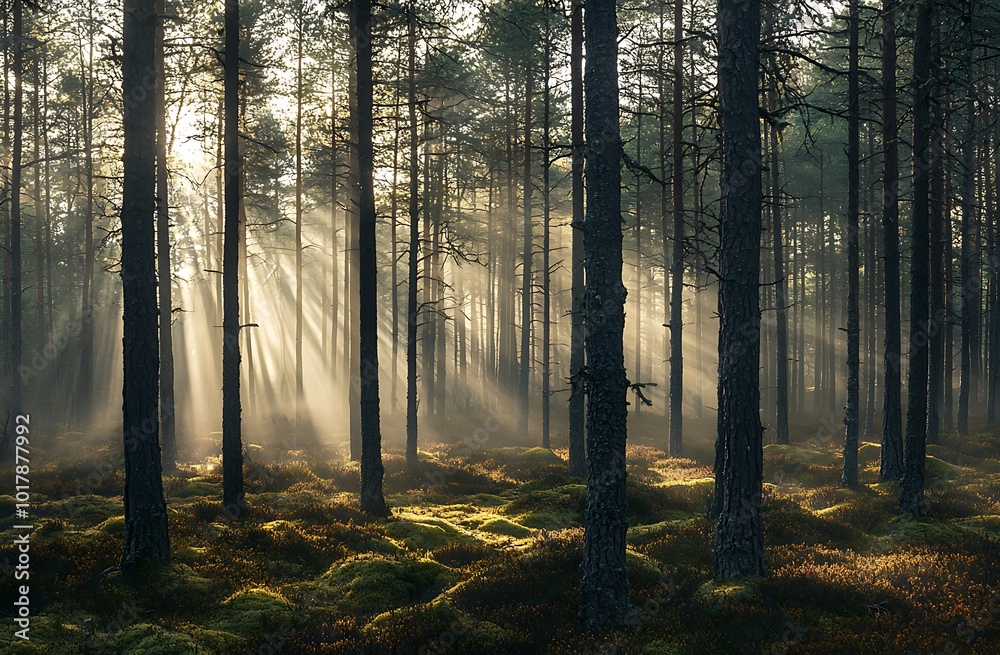 Fototapeta premium A dense pine forest foggy morning