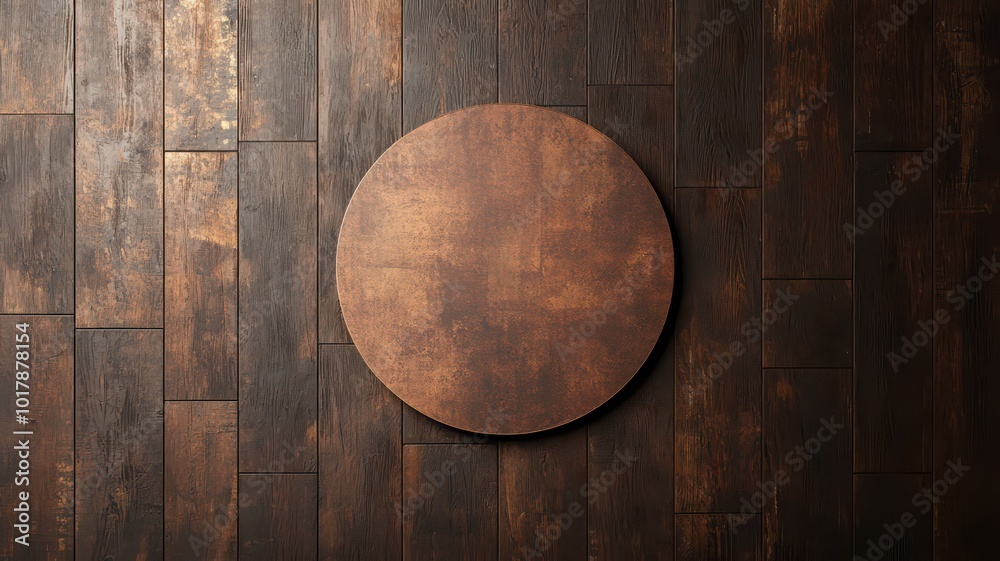 A circular signage mockup is displayed, elegantly hanging on a dark wooden wall. A circular signage mockup is displayed, elegantly hanging on a dark wooden wall.
