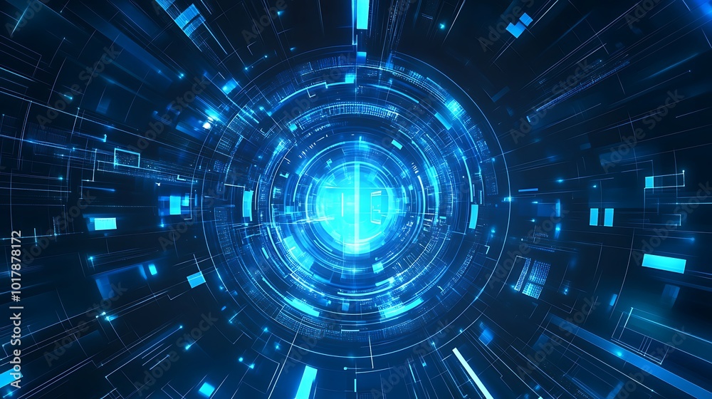 Abstract blue glowing circular tunnel with futuristic tech design. Abstract blue glowing circular tunnel with futuristic tech design.