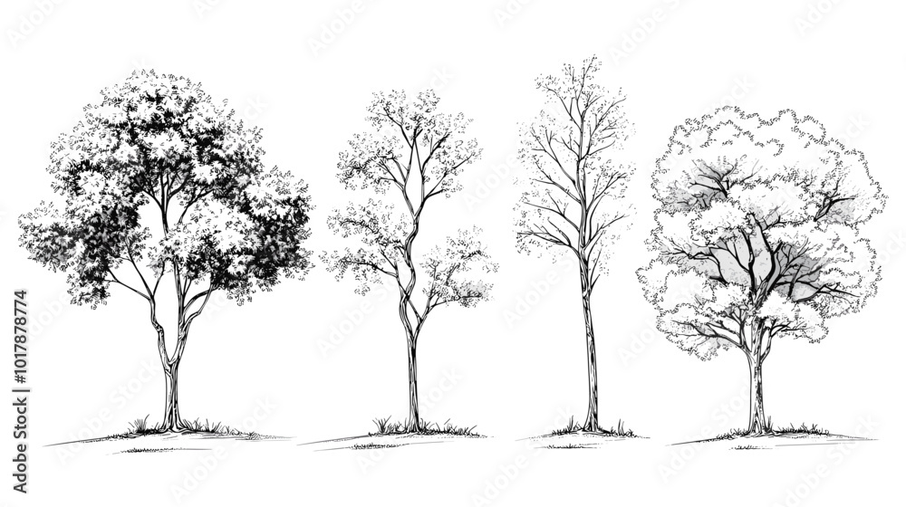 Architectural Drawings, Minimal style cad tree line drawing, Side view, set of graphics trees elements outline symbol for landscape design drawing. Vector illustration