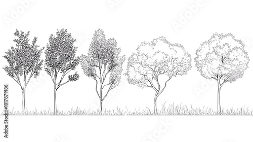 Architectural Drawings, Minimal style cad tree line drawing, Side view, set of graphics trees elements outline symbol for landscape design drawing. Vector illustration