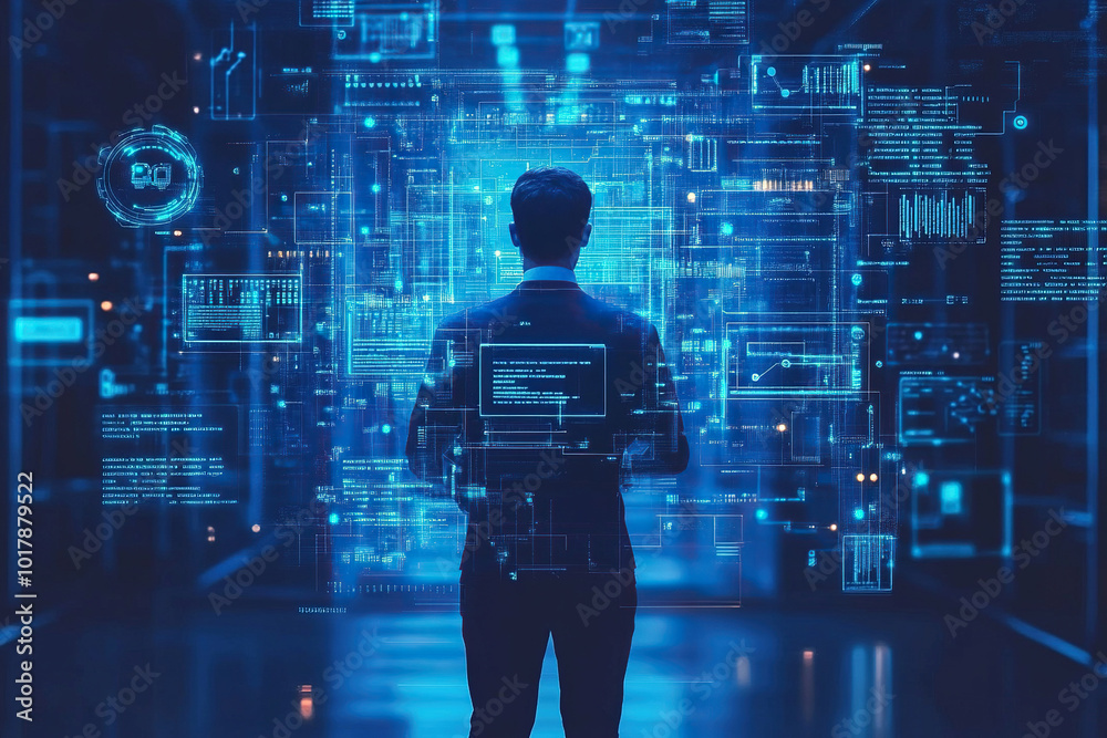 Cybersecurity and data protection. A man in a business suit protects personal and financial data using a virtual network connection. Generated by artificial intelligence