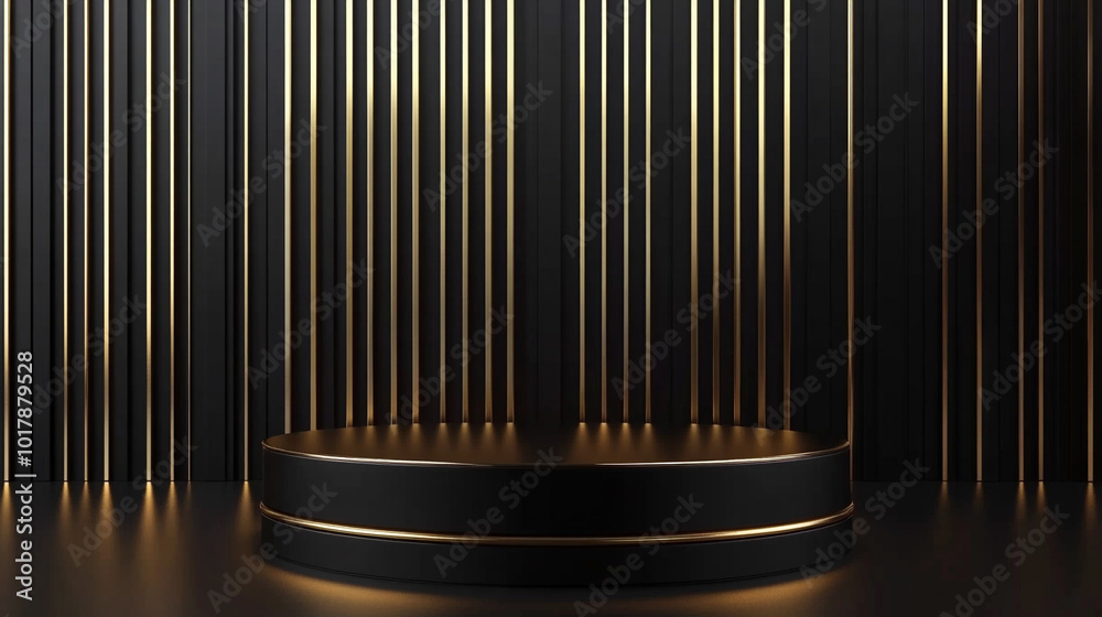 Golden Expensive Podium For Advertising Premium Products On Black Background, A black and gold ring sitting on top of a table. Perfect for jewelry or fashion-related projects. Golden Expensive Podium For Advertising Premium Products On Black Background, A black and gold ring sitting on top of a table. Perfect for jewelry or fashion-related projects.