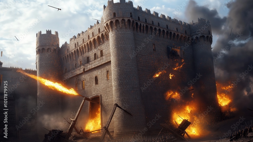 Fototapeta premium Medieval castle under siege with flames and smoke. Catapults and flying debris indicate an intense battle. Castle walls are being bombarded, creating scenes of destruction.