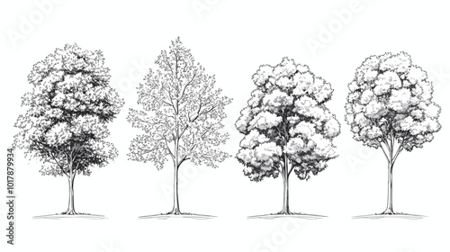 Architectural Drawings, Minimal style cad tree line drawing, Side view, set of graphics trees elements outline symbol for landscape design drawing. Vector illustration