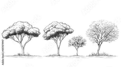 Architectural Drawings, Minimal style cad tree line drawing, Side view, set of graphics trees elements outline symbol for landscape design drawing. Vector illustration