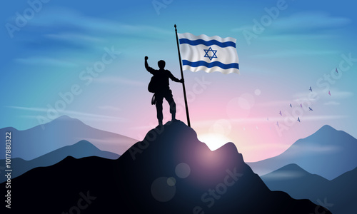 Israel flag, silhouette of a man holding a flag as a sign of success in reaching the top of the mountain with the morning sun in the background. Vector Illustrator