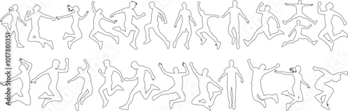 Jumping line art silhouettes, dynamic outline of people in motion, perfect for dance, sport, and fitness designs. Outline human figures in active poses bring energy to any visual project