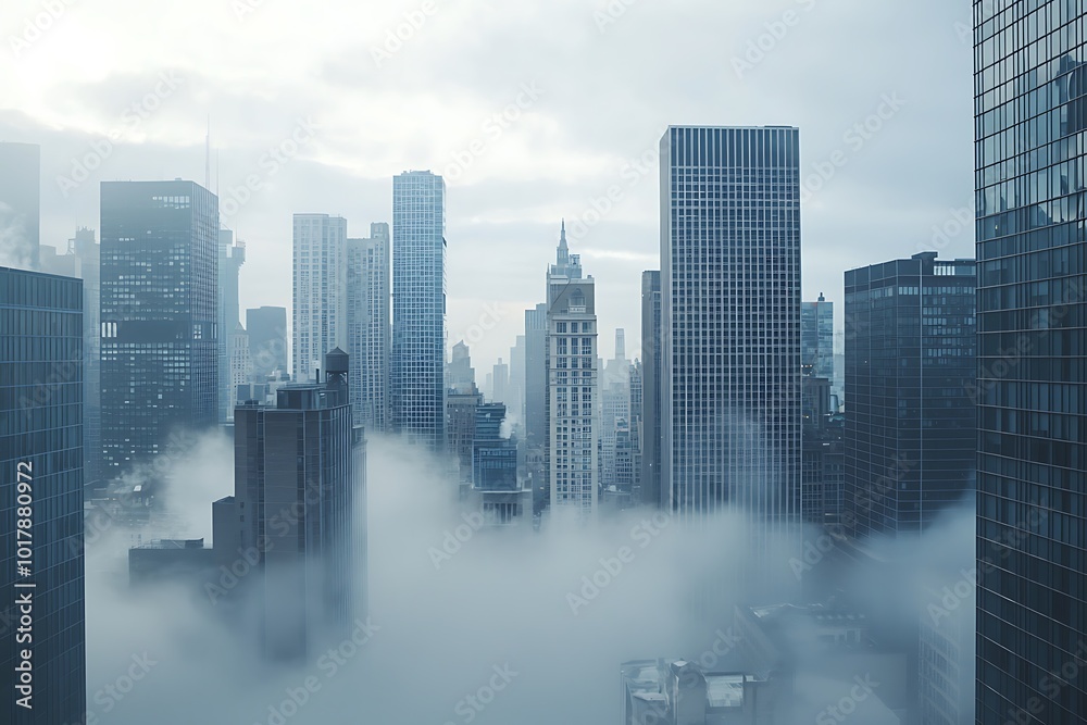 Obraz premium A foggy city skyline with tall buildings