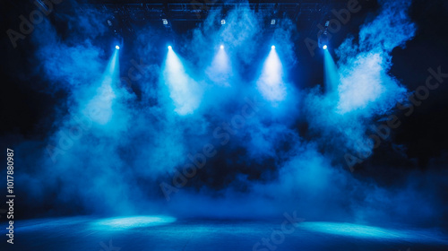 Wallpaper Mural A stage with blue lighting and fog, creating a dramatic atmosphere for performances. Blue Smoke Stage Spotlight Background. Torontodigital.ca
