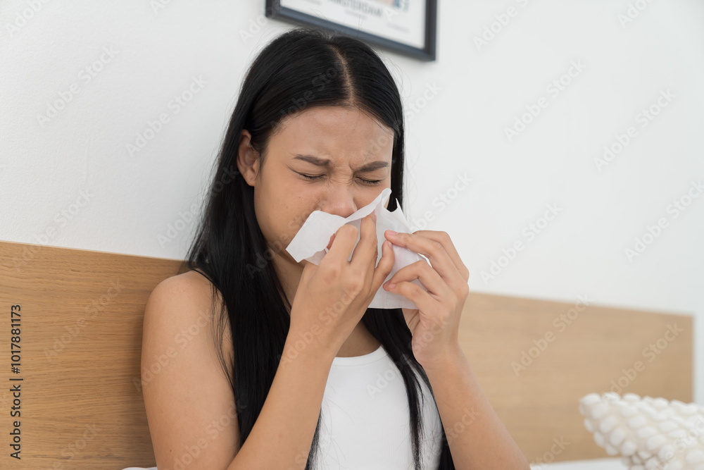 Young Asian woman feeling unwell and have a cough while sitting on the bed. Young woman have symptoms of illness and holding her mouth with her hand Young Asian woman feeling unwell and have a cough while sitting on the bed. Young woman have symptoms of illness and holding her mouth with her hand