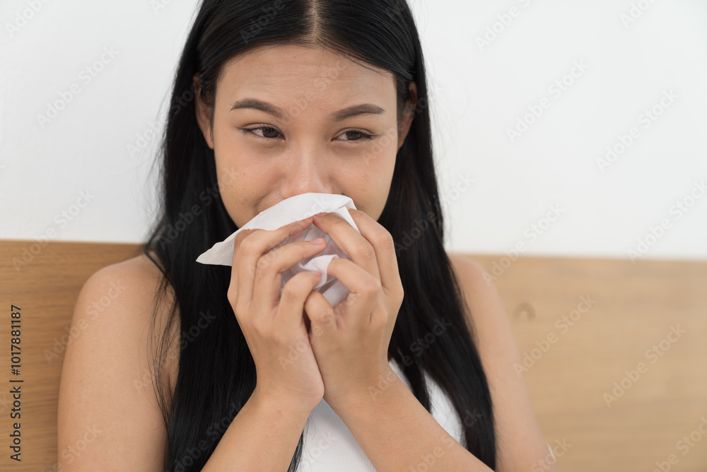 Young Asian woman feeling unwell and have a cough while sitting on the bed. Young woman have symptoms of illness and holding her mouth with her hand Young Asian woman feeling unwell and have a cough while sitting on the bed. Young woman have symptoms of illness and holding her mouth with her hand