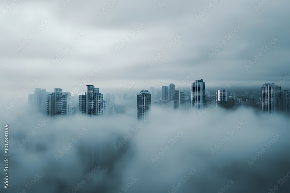 Fototapeta premium A foggy city skyline with tall buildings
