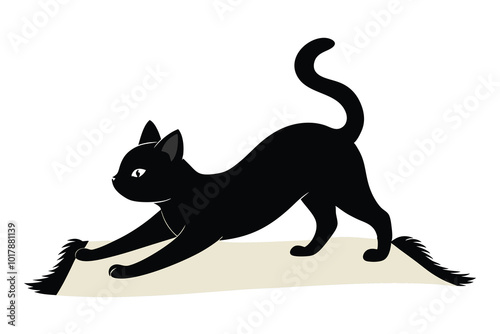 A black silhouette cat stretching lazily on a carpet, on white background D.eps