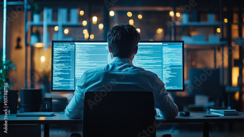 A person working at a desk in a modern office with multiple screens displaying cityscape and code at night