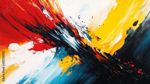 Intriguing abstract painting displaying bold strokes of red, yellow, and black blended seamlessly, evoking emotions of passion and energy in a contemporary style.