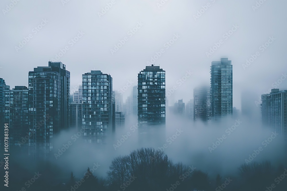 Fototapeta premium A foggy city skyline with tall buildings