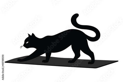 A black silhouette cat stretching lazily on a carpet, on white background I.eps