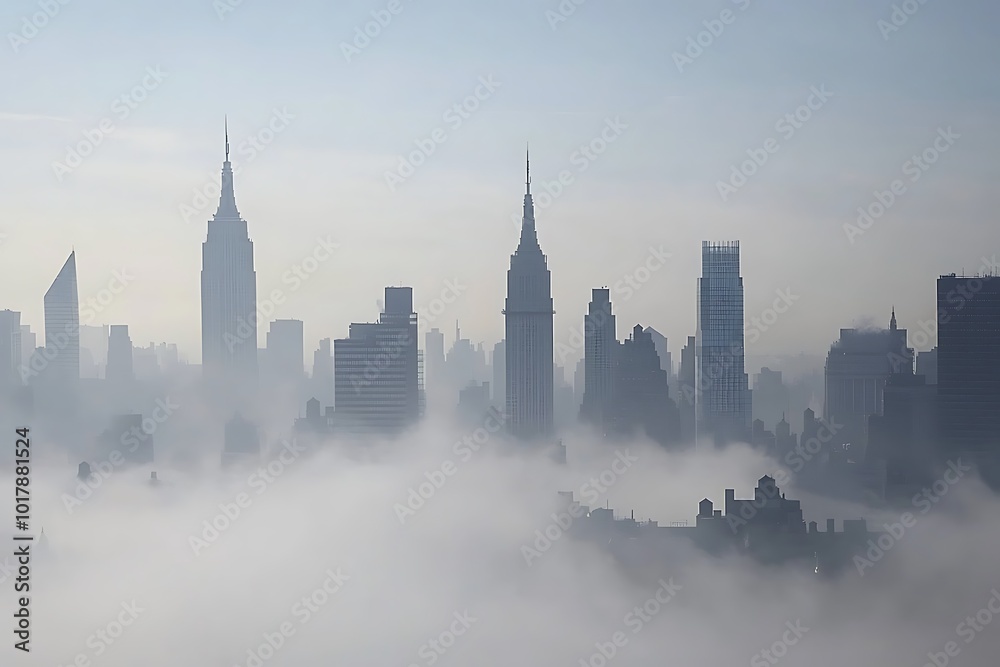 Obraz premium A foggy city skyline with tall buildings