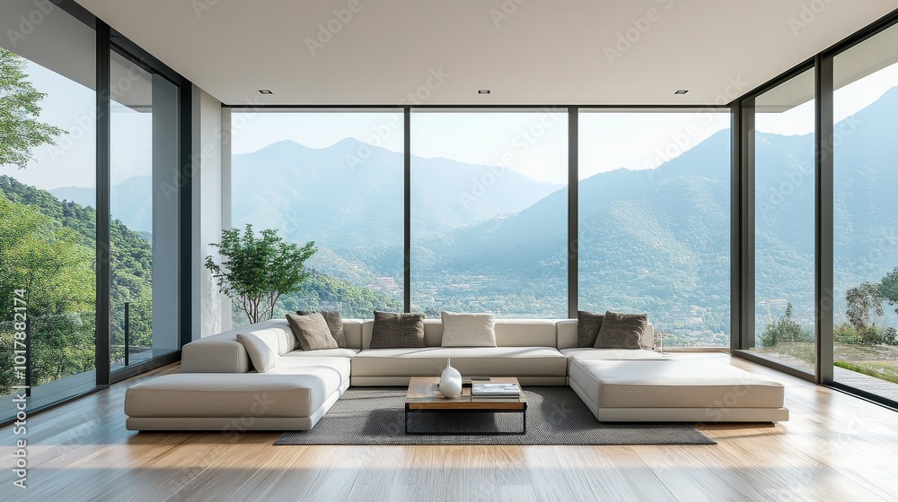 Luxurious living room with modern furniture overlooks a breathtaking panoramic mountain view through expansive floor-to-ceiling windows, blending comfort with nature. Luxurious living room with modern furniture overlooks a breathtaking panoramic mountain view through expansive floor-to-ceiling windows, blending comfort with nature.