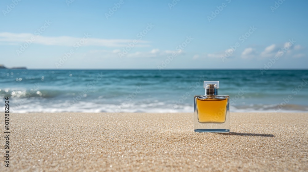 A perfume bottle sits on a sandy beach. It's a women's fragrance with a blank label, ready for your own words. A perfume bottle sits on a sandy beach. It's a women's fragrance with a blank label, ready for your own words.