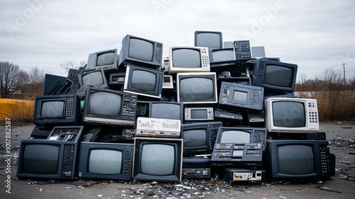 Pile of Old CRT Televisions   E Waste and Recycling photo