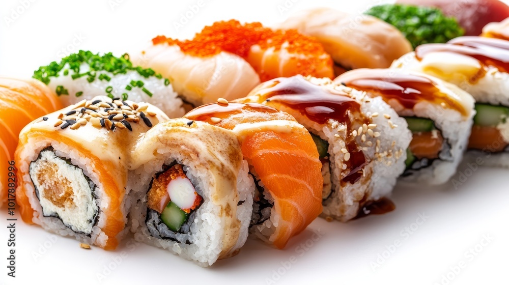 A vibrant array of sushi rolls, garnished with assorted toppings and sauces, arranged attractively on a white background, showcasing a Japanese culinary art. A vibrant array of sushi rolls, garnished with assorted toppings and sauces, arranged attractively on a white background, showcasing a Japanese culinary art.