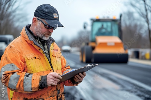 Construction Worker Checking Work on Freshly Laid Asphalt Photo photo